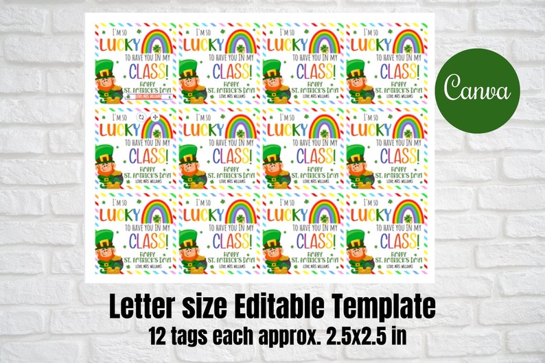 So Lucky to have you in my class ,St. Patricks Day Class School day care gift tags from teacher,Editable Favor Tags Canva Template,Printable image 3