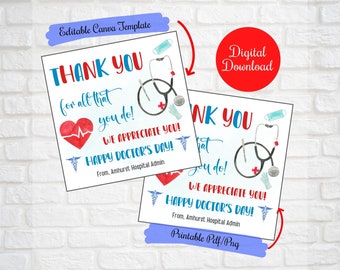 May include: Two printable thank you cards for doctors with a red heart, stethoscope, medical mask, and other medical supplies. The text reads "Thank you for all that you do! We appreciate you! Happy Doctor's Day! From, Amhurst Hospital Admin".