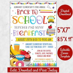 Back To School Teacher and Staff Breakfast Flyer for PTO, PTA, Printable Teacher Breakfast Invite Poster, Editable Canva template