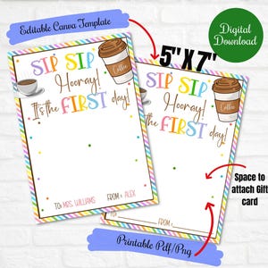 Sip Sip Hooray, First day Coffee Latte gift card holder for teacher,Back to school gift,School pto pta Digital Printable, Coffee shop gift