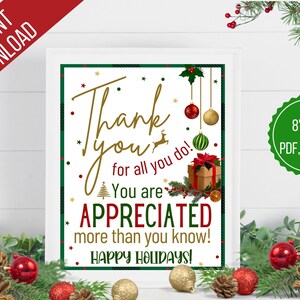 Weihnachts-Anerkennungs-Zeichen zum Ausdrucken, Danke für alles, Lehrer-Krankenschwester-Angestellten-Anerkennung, Arbeitsplatz-Weihnachtsfeier-Zeichen, sofortiger Download,
