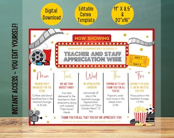 May include: A movie-themed Teacher and Staff Appreciation Week flyer. The red and white design includes film reels, popcorn, and a ticket. The flyer lists daily events, including breakfast, fan mail, a luncheon, and a pizza party.