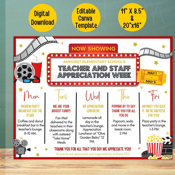 Editable Hollywood Movie Themed Teacher appreciation week schedule, PTO,Red Carpet appreciation week itinerary, nurse appreciation printable