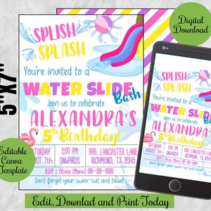 Può includere: Modello di invito modificabile di 12,7 x 17,8 cm per una festa di compleanno con scivolo d'acqua. L'invito presenta un fenicottero rosa, uno scivolo d'acqua e il testo "Splish Splash You're invited to a Water Slide Bash Join us to celebrate Alexandra's 5th Birthday!"