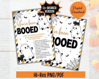 May include: Halloween-themed printable cards with the text "You've been BOOED" and "I've been BOOED". The cards feature ghost illustrations, black cats, bats, and spiderwebs. The cards are available as a digital download in PNG/PDF format.