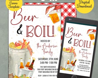 May include: A 5x7 inch printable invitation for a Beer & Boil party. The invitation features a watercolor illustration of a pot of boiling crawfish with beer bottles and a glass of beer. The text on the invitation reads "Beer & Boil! Hosted by The Anderson Family. Saturday, 17th June 3:00 PM - 7:00 PM. The Smith Residence 999 Port Washington Blvd. Port Washington NY 11111. RSVP: Sarah at 999-999-9999."