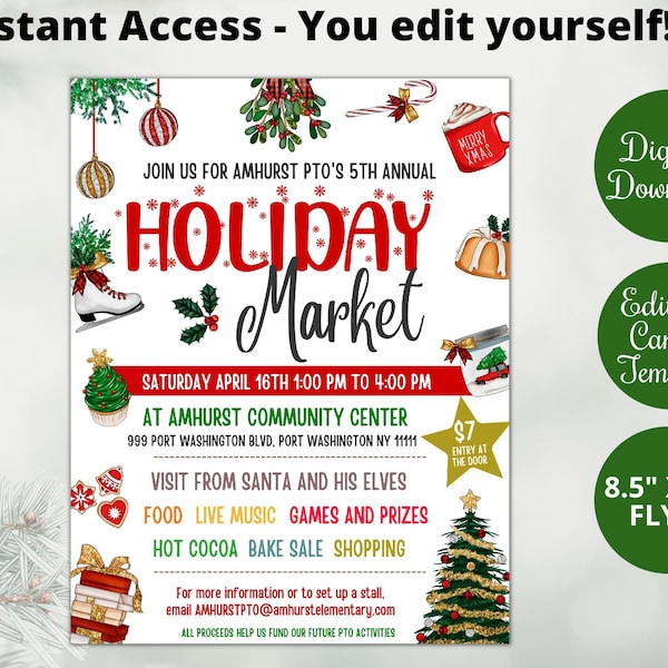 Holiday Market Flyer Template Editable, Printable Christmas Festival Market invitation for PTO,Church Community fundraiser,Holiday printable