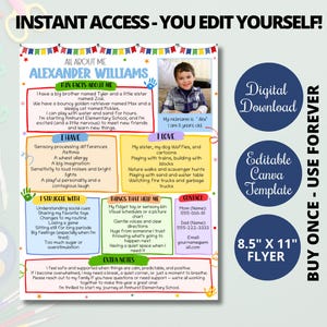 Special Needs, Autism, Speech Disorder, ADHD Back to School All About Me Child Info Template for Teacher/Caregiver EDITABLE TEMPLATE