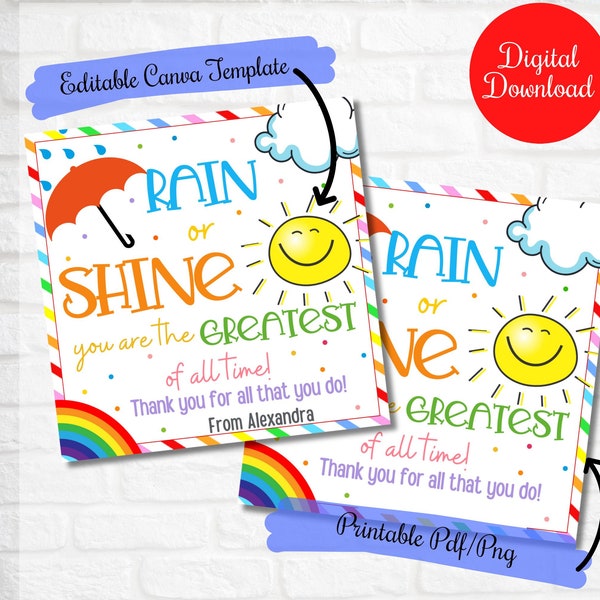 Rain or shine you are the greatest of all time gift tag, Teacher End of year gift tag, Umbrella gift tag, Teacher, Coworker,Admin,PTO
