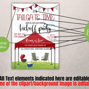 May include: A printable invitation for a tailgate kickoff party. The design features a red tent, a grill, and chairs on a green field. Text includes "Tailgate Time" and event details. The text elements are editable.