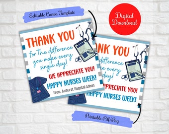 May include: A printable thank you card for nurses with a blue and white striped background. The card features a stethoscope, a clipboard, and a nurse's uniform. The text on the card reads "Thank you for the difference you make every single day! We appreciate you! Happy Nurses Week! From, Amhurst Hospital Admin."