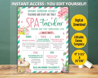 Puede incluir: Un horario imprimible para la semana de apreciación del profesorado con un tema de spa. El horario se titula "SPA-tacular" y enumera las actividades para cada día de la semana, incluyendo la hora del té, el martes de tacos, los masajes y un almuerzo relajante. El horario está decorado con flores tropicales y una ilustración con temática de spa.