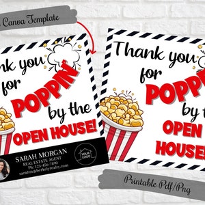 Bedankt voor de opendeurdag makelaarstags, makelaar popcorn pop-bytags, directe download digitale afdrukbare, opendeurdag-tags