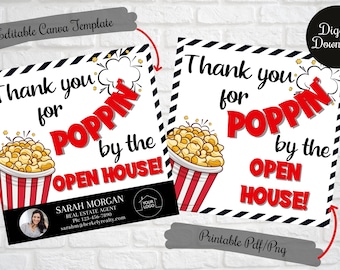 Thank you for poppin by the open house realtor tags, Realtor Popcorn Pop By Tags, Instant Download Digital Printable, Open House tags