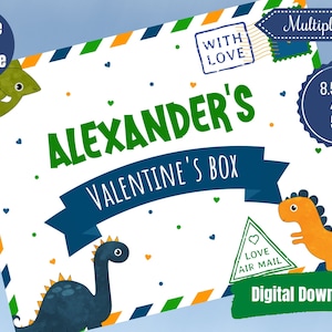 EDITABLE Dinosaur Valentine Box Label Template, Personalized Valentine Shoe Box Label for boys and girls, Digital Download, Canva Template
