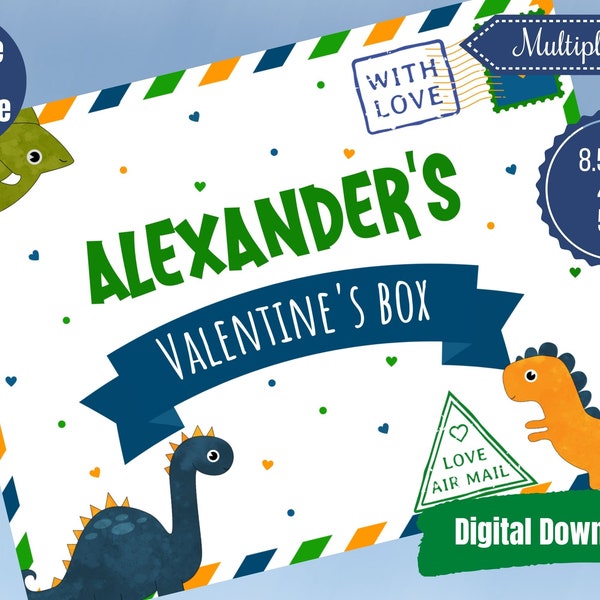 EDITABLE Dinosaur Valentine Box Label Template, Personalized Valentine Shoe Box Label for boys and girls, Digital Download, Canva Template