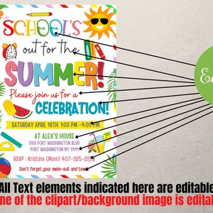 May include: A colorful printable invitation for a summer celebration. The invitation says "School's out for the summer! Please join us for a celebration! Saturday April 16th 1:00 PM - 4:00 PM. At Alex's House 999 Port Washington Blvd Port Washington NY 11111 RSVP: Kristine (Mom) 407-325-2228 Don't forget your swim-suit and towel."
