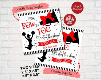 Könnte beinhalten: Zwei Karten zum Thema Cheerleading mit dem Text "From Bow to Toe, Let's steal the show! Good Luck!" und einer Cheerleader-Silhouette. Die Karten haben eine rote Schleife und eine Megaphon-Grafik. Das Bild enthält auch den Text "Editable Canva Template" und "Digital Download".