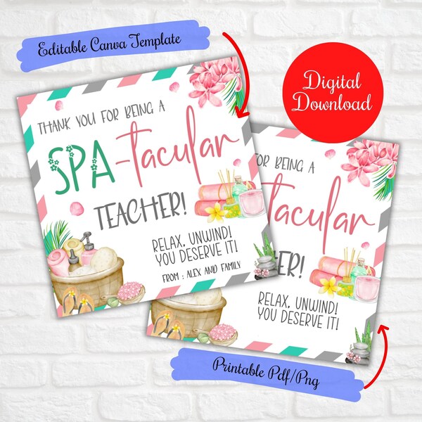 Grazie per essere un insegnante Spa-tacular Etichette regalo, Infermiere dipendente, Apprezzamento per i volontari, Apprezzamento per gli insegnanti a tema spa, Kit spa, Etichette PTO,