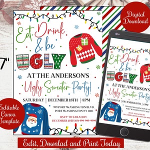 EDITABLE Christmas Eat drink and be ugly Sweater Party Invite ,Ugly Sweater Invitation Digital, holiday adult christmas party canva template
