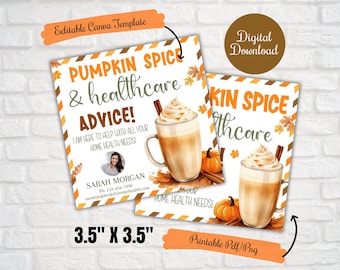 May include: Two fall-themed cards with the text "Pumpkin Spice & Healthcare Advice!" and "Digital Download". Each card features a latte with whipped cream, pumpkins, and cinnamon sticks. The cards measure 3.5" x 3.5".