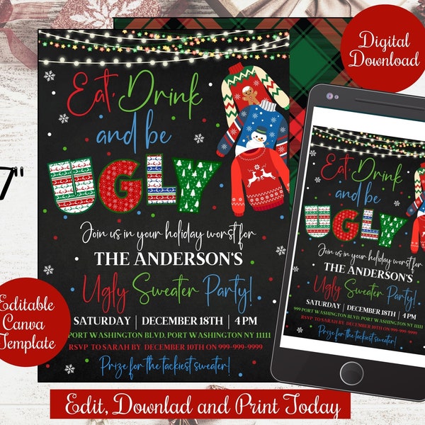 EDITABLE Christmas Eat drink and be ugly Sweater Party Invite ,Ugly Sweater Invitation Digital, holiday adult christmas party canva template