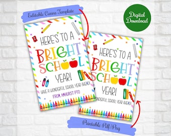 Back to School Gift tags for teachers, Here&#39;s to a bright school year, first day of school tags , Editable digital Canva Printable