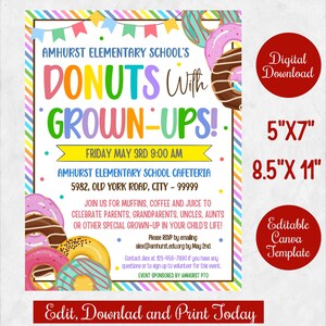 Donuts mit Erwachsenen Einladungsflyer für PTO, PTA, druckbares Vatertagsgeschenk Einladungsplakat, bearbeitbare Canva-Vorlage für Donuts mit Papa