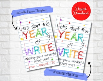 Let&#39;s start this year off write, Back to school Pen Marker gift tags for teachers, students, First Day of school Editable digital download