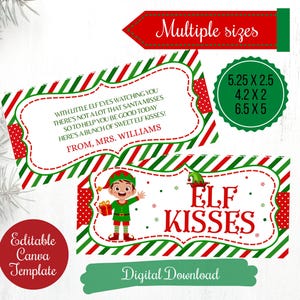 Adornos para bolsas de regalo con besos de elfo, etiqueta plegable con besos de elfo navideño editable para clases, niños de la escuela, adorno para bolsas de regalo con besos, descarga digital