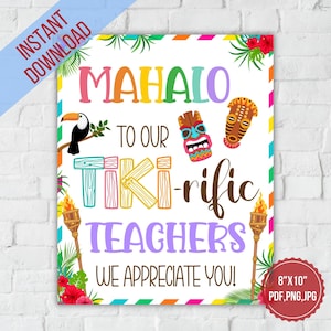 Mahalo to our TIKI rific teachers l Hawaii Luau Teacher appreciation table sign |Thank you teachers week print,PTO PTA printable
