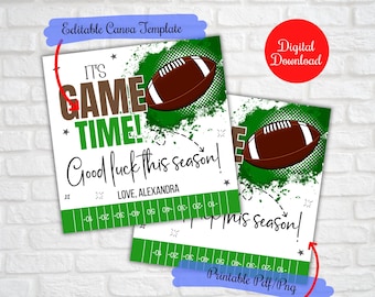 May include: Two printable cards with a football theme. The cards feature a brown football with white stripes, green accents, and the text "IT'S GAME TIME! Good luck this season!" and "LOVE, ALEXANDRA". The cards are designed with a football field graphic.