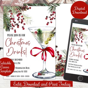 Invito alla festa di Natale modificabile, invito digitale per cocktail di Natale, modello di canva per bevande natalizie per adulti