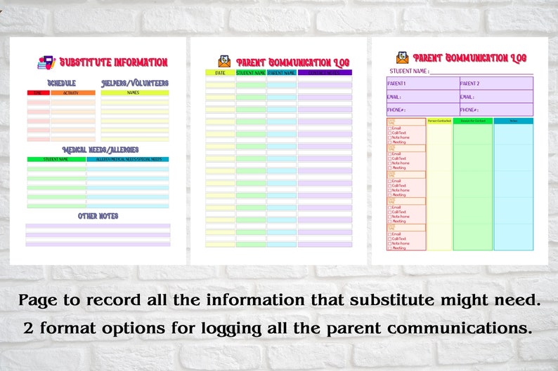 K&ouml;nnte beinhalten: Zwei druckbare Seiten f&uuml;r Vertretungslehrer. Die erste Seite ist ein Informationsblatt f&uuml;r Vertretungslehrer mit Abschnitten f&uuml;r Stundenplan, Helfer/Freiwillige, medizinische Bed&uuml;rfnisse/Allergien und andere Notizen. Die zweite Seite ist ein Elternkommunikationslogbuch mit Abschnitten f&uuml;r den Sch&uuml;lernamen, die Kontaktinformationen des Elternteils 1, die Kontaktinformationen des Elternteils 2 und ein Protokoll der Kommunikationsmethoden.