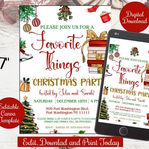 Editable Favorite Things Christmas Party Invitation Template, Family Friends Work Party Gift Exchange, Favorite things holiday party invite