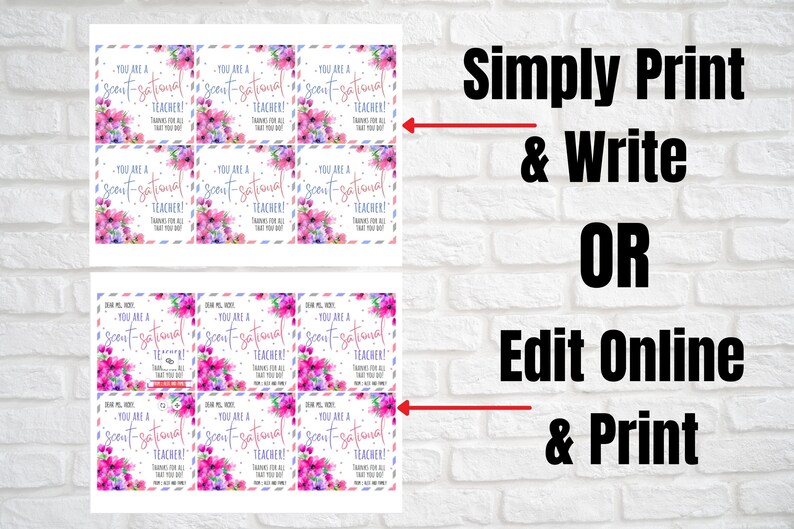 May include: Printable teacher appreciation gift tags with a floral design and the text "You are a scent-sational teacher!"  The tags can be printed and written on or edited online and printed.