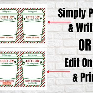May include: Four printable gift tags featuring a red and green striped background with a coffee cup illustration. The text on the tags reads "Wishing you a Latte Joy this holiday season!" and "Happy Holidays!" or "Merry Christmas! Love, Alexandra".