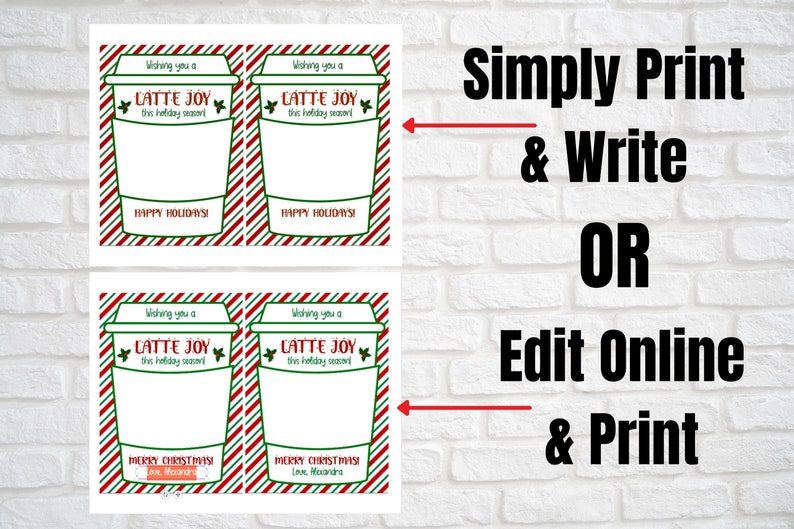 May include: Four printable gift tags featuring a red and green striped background with a coffee cup illustration. The text on the tags reads "Wishing you a Latte Joy this holiday season!" and "Happy Holidays!" or "Merry Christmas! Love, Alexandra".