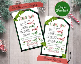 Könnte beinhalten: Zwei druckbare Weihnachtsgeschenkanhänger mit einem grün-roten karierten Hintergrund. Die Anhänger zeigen den Text "Vielen Dank für Ihre" gefolgt von einer Liste von Wörtern, die auf "mint" enden, wie "Invest-mint", "Commit-mint", "Encourage-mint" und "Involve-mint". Die Anhänger enthalten auch den Text "Also hier ist etwas für Ihre Enjoy-mint Frohe Weihnachten!"
