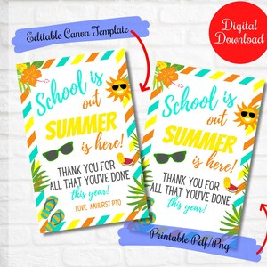 Schools Out Summer's Here Tag regalo di ringraziamento modificabili, Apprezzamento del personale dei dipendenti degli insegnanti, Tag regalo di ringraziamento di fine anno, Tag PTO PTA