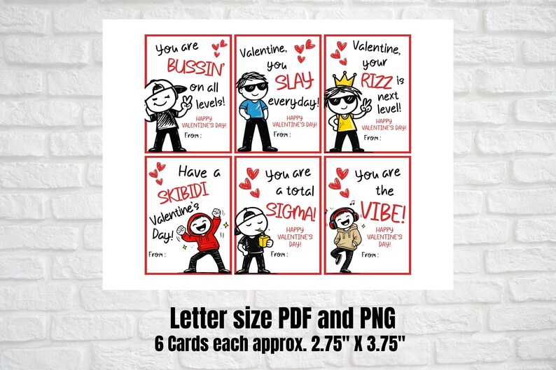 Border Cartoon Rizz Slang Kids Valentine's Day Cards, Gen Z Alpha Teen Tween Funny ...