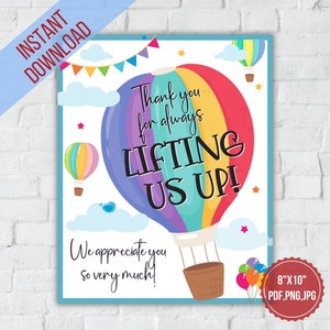 Op de afbeelding: Afdrukbaar bedankkaartje van 20,32 x 25,4 cm met een kleurrijk ontwerp van een luchtballon. De tekst luidt: "Bedankt dat je ons altijd steunt! We waarderen je enorm!"