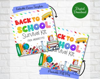 Back To School Survival Kit printable tag, School Supplies Gift tag,Editable Students Gift tag,Middle School High School gift tag , PTO PTA