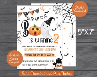 May include: A printable 5x7 inch invitation for a child's second birthday party. The invitation features a cartoon ghost, a pumpkin, and a black cat with a pumpkin on its head. The text on the invitation reads "Our Little Boo is turning 2" and includes the child's name, date, and time of the party.