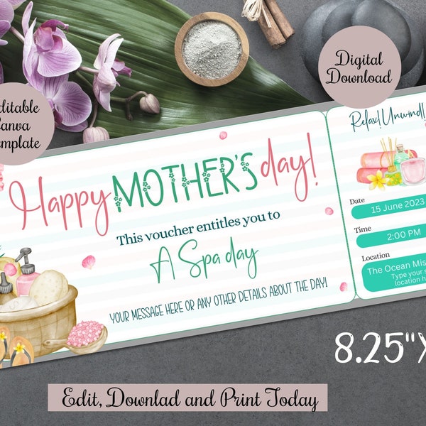 Mother's Day Spa Day Surprise Gift Voucher template , Spa Treatment Gift Certificate Printable, Spa Voucher Canva template,Mother's day gift
