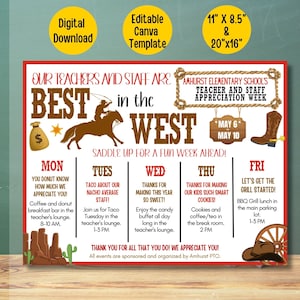 Editable Western Themed Teacher appreciation week schedule, PTO,Best of the west appreciation week itinerary, Cowboy Wild West itinerary