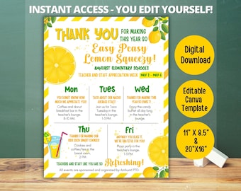 May include: A printable teacher appreciation week schedule with a lemon theme. The schedule includes a daily activity for each day of the week, from Monday to Friday. The text reads "Thank You for making this year so Easy Peasy Lemon Squeezy! Amhurst Elementary School's Teacher and Staff Appreciation Week May 2 - May 6".