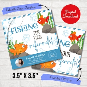 Fishing for your referrals tags,Business marketing fish crackers pop by, Canva Template ,Realtor, Home Health, insurance notary promo tags