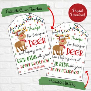 Danke, dass du ein Hirsch bist und dich um unsere Kinder kümmerst, bearbeitbarer Lehrer Weihnachtsgeschenkanhänger von Eltern, PTO, Instant Download