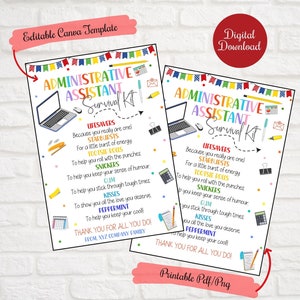 Kit de supervivencia para asistente administrativo, Etiqueta para cesta de regalo de dulces, Etiqueta para regalo de reconocimiento profesional administrativo, Etiqueta editable e imprimible.